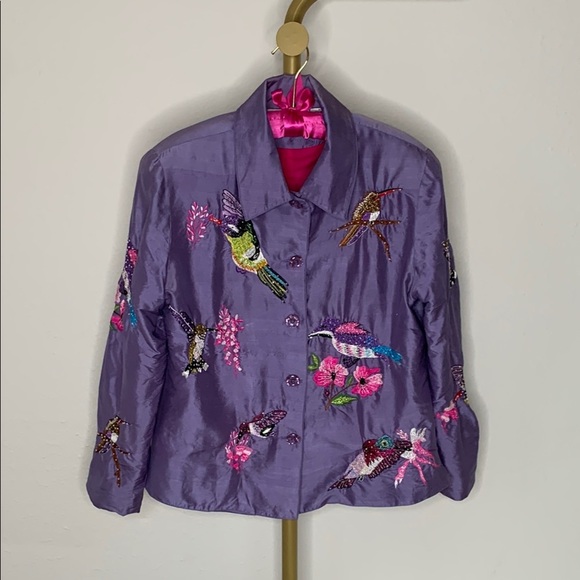 Vintage Anage Silk Purple Embroidered Hummingbird Fully Lined Bird Jacket Size M - Picture 1 of 9